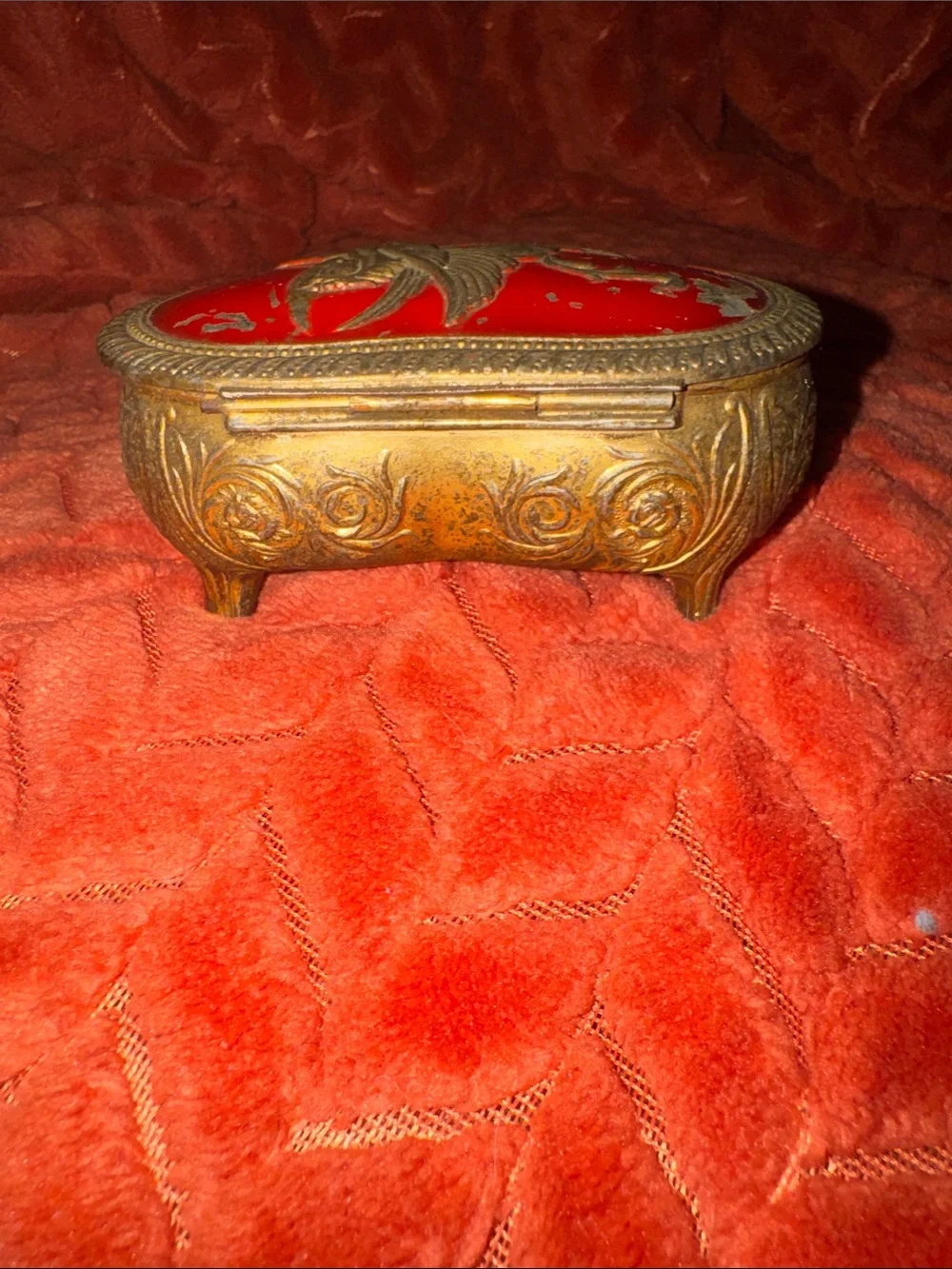 Vintage Ornate Brass & Enamel Pegasus Trinket Box Red Velvet Lined Footed Casket